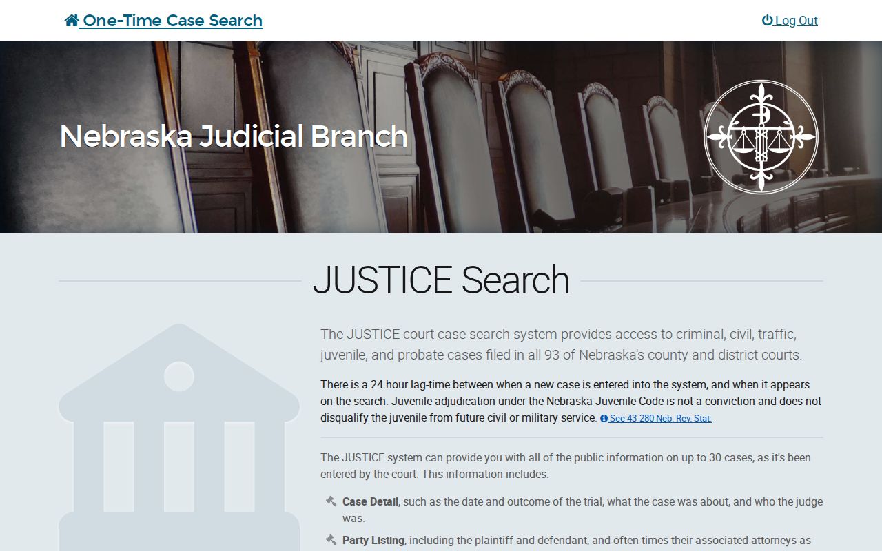 Nemaha County warrant search fields in the JUSTICE case system