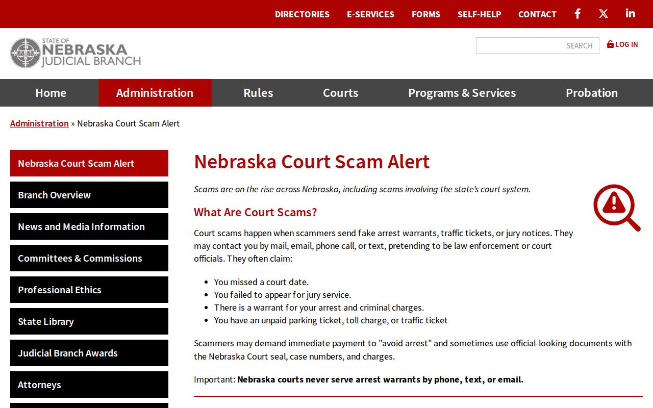 Nemaha County bench warrant court scam warning